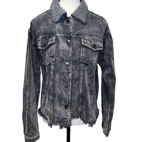 Simply Southern Gray Acid Wash Corduroy Jacket Sherpa Collar Distressed Size L - Picture 1 of 13